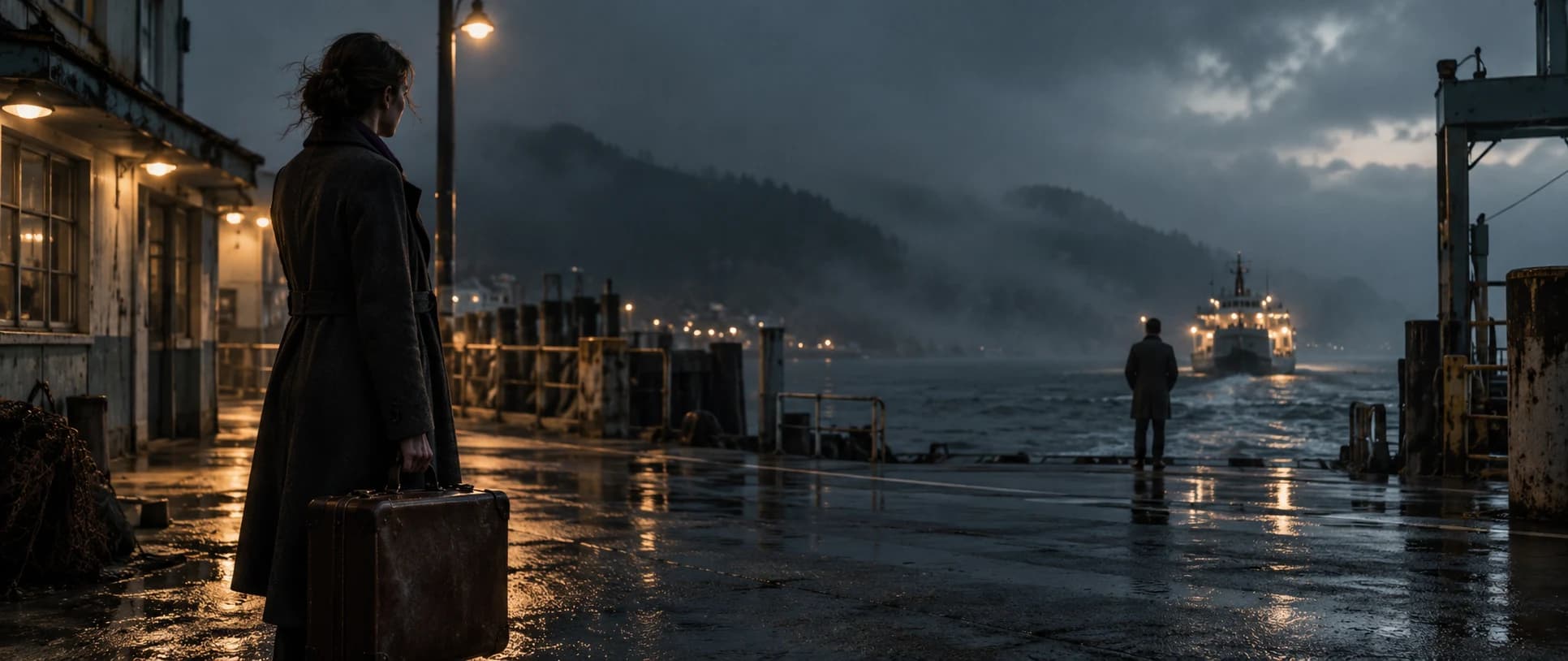 电影画面参考：雨后码头上的人物与远处的船