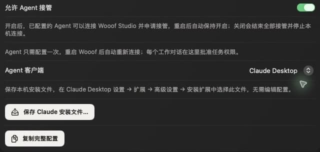 Rolin 的 Agent 与 MCP 设置，展示 Claude Desktop 安装入口